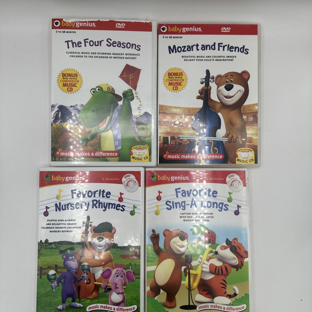 Baby Genius LOT OF 4 DVD's Nursery, The Four Seasons,Favorite Songs, Mozart